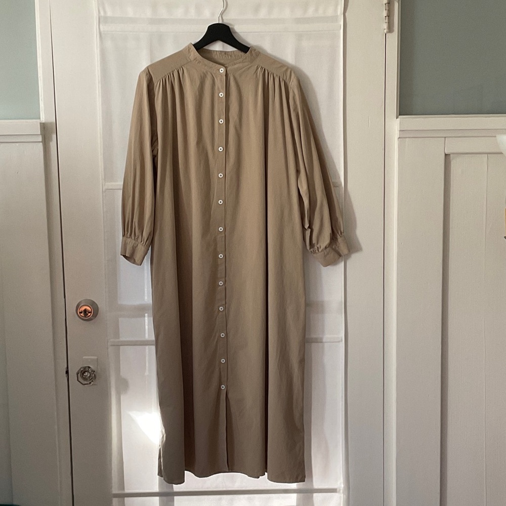 Beige Button-Down Long Shirt Dress